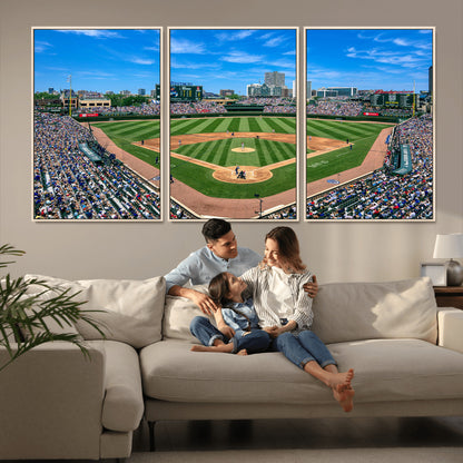 Wrigley Field Baseball Stadium Canvas Wall Art, Packed Crowd Sports Stadium Print, City Skyline Baseball Field Canvas for Game Room Decor
