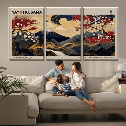 Yayoi Kusama's artwork featuring Mount Fuji, blooming cherry trees, and intricate swirls, blending traditional Japanese elements with vibrant color.