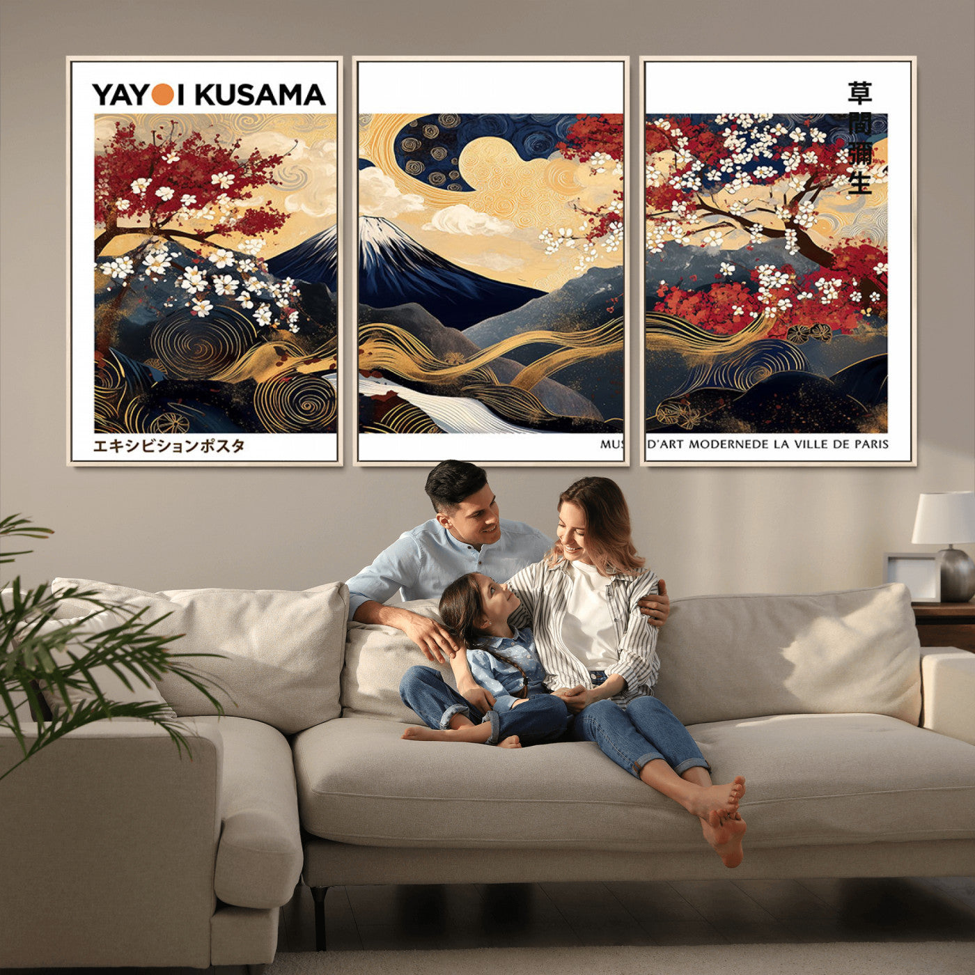 An artwork by Yayoi Kusama featuring Mount Fuji, blooming cherry blossoms, and swirling patterns in a harmonious blend of nature and art.
