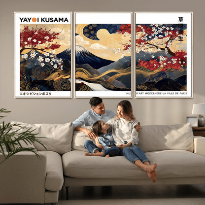 An artwork by Yayoi Kusama featuring Mount Fuji, blooming cherry blossoms, and swirling patterns in a harmonious blend of nature and art.