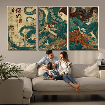 Tsukioka Yoshitoshi Samurai Wall Art Print, Japanese Katana Warrior Canvas Wall Art, Octopus Sea Monster Canvas Print,
