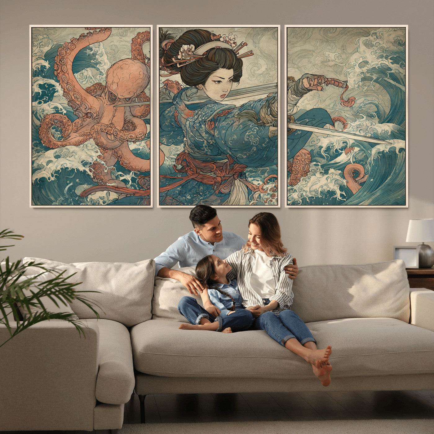 Tsukioka Yoshitoshi Samurai Wall Art Print, Japanese Katana Warrior Canvas Wall Art, Octopus Sea Monster Canvas Print,