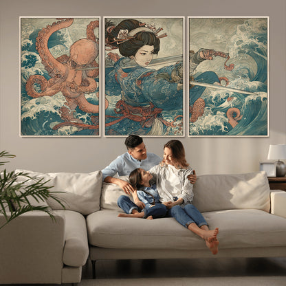 Tsukioka Yoshitoshi Samurai Wall Art Print, Japanese Katana Warrior Canvas Wall Art, Octopus Sea Monster Canvas Print,