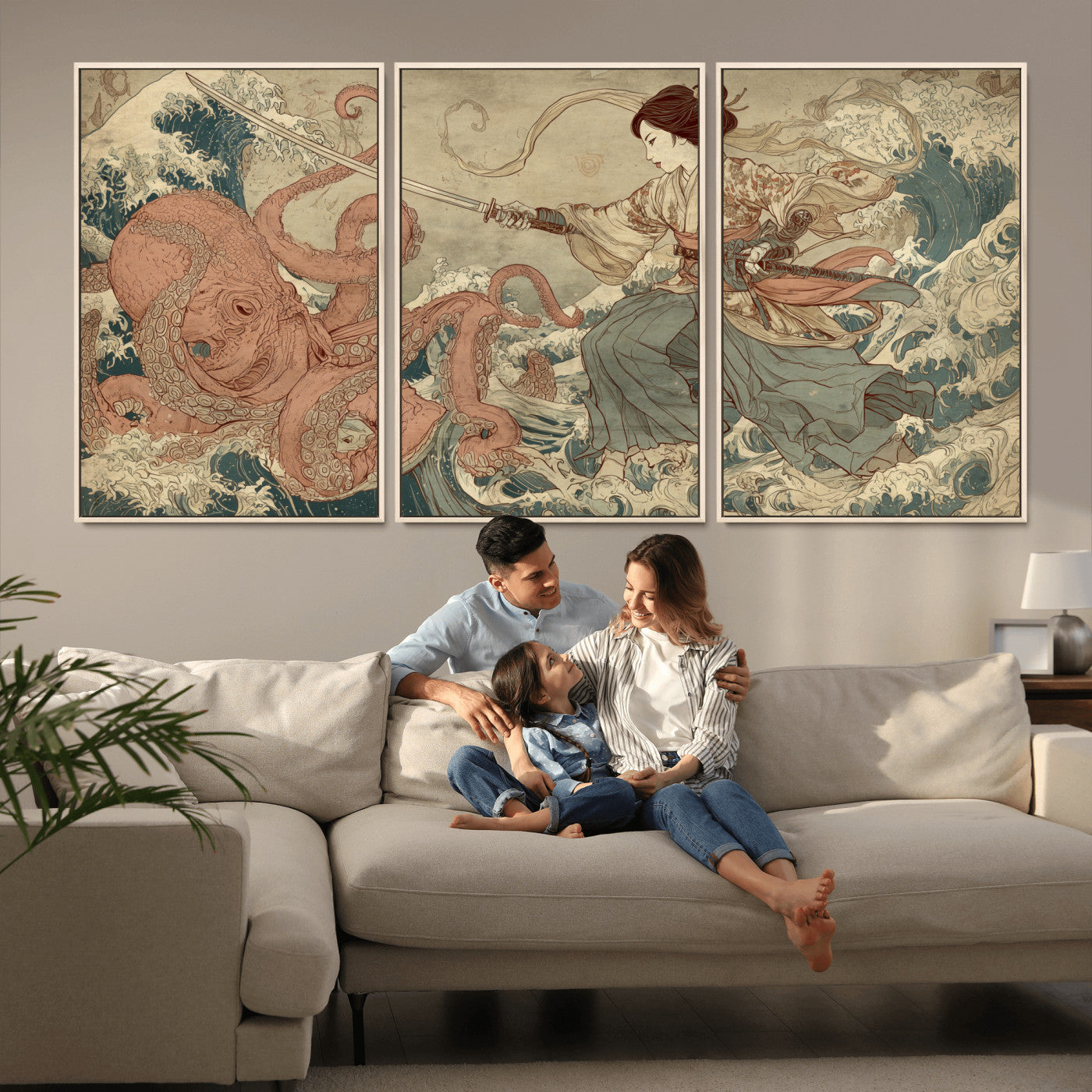 Tsukioka Yoshitoshi Samurai Wall Art Print, Japanese Katana Warrior Canvas Wall Art, Octopus Sea Monster Canvas Print,