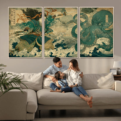 Tsukioka Yoshitoshi Samurai Wall Art Print, Japanese Katana Warrior Canvas Wall Art, Octopus Sea Monster Canvas Print,