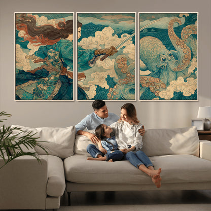 Tsukioka Yoshitoshi Samurai Wall Art Print, Japanese Katana Warrior Canvas Wall Art, Octopus Sea Monster Canvas Print,