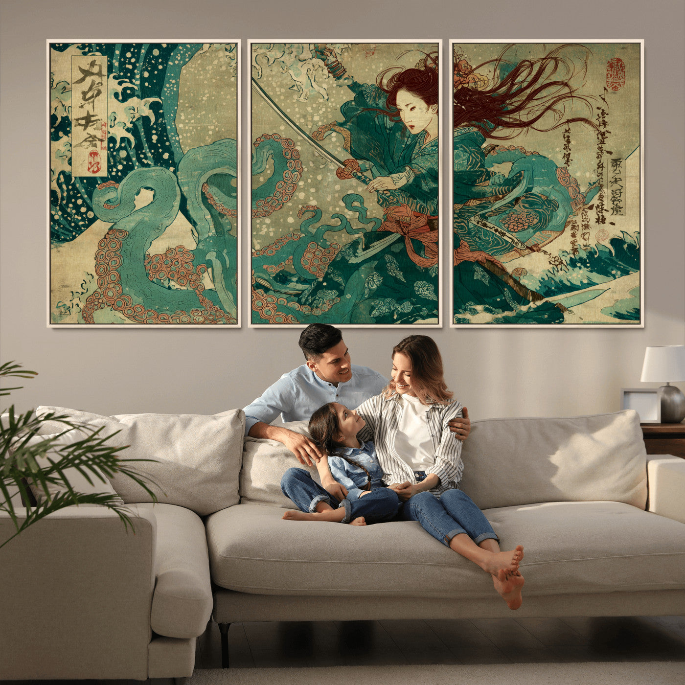 Tsukioka Yoshitoshi Samurai Wall Art Print, Japanese Katana Warrior Canvas Wall Art, Octopus Sea Monster Canvas Print,