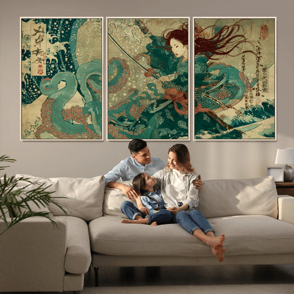 Tsukioka Yoshitoshi Samurai Wall Art Print, Japanese Katana Warrior Canvas Wall Art, Octopus Sea Monster Canvas Print,