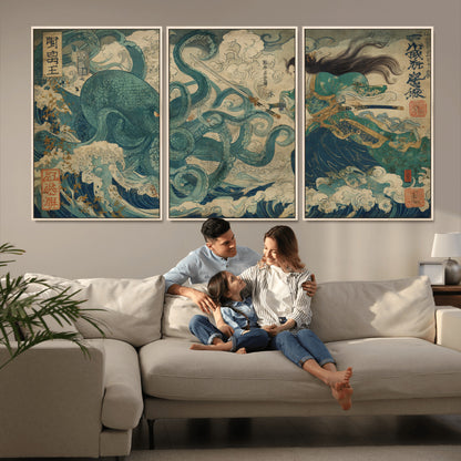 Tsukioka Yoshitoshi Samurai Wall Art Print, Japanese Katana Warrior Canvas Wall Art, Octopus Sea Monster Canvas Print,