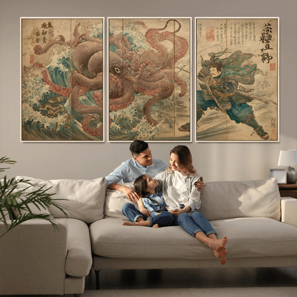 Tsukioka Yoshitoshi Samurai Wall Art Print, Japanese Katana Warrior Canvas Wall Art, Octopus Sea Monster Canvas Print,