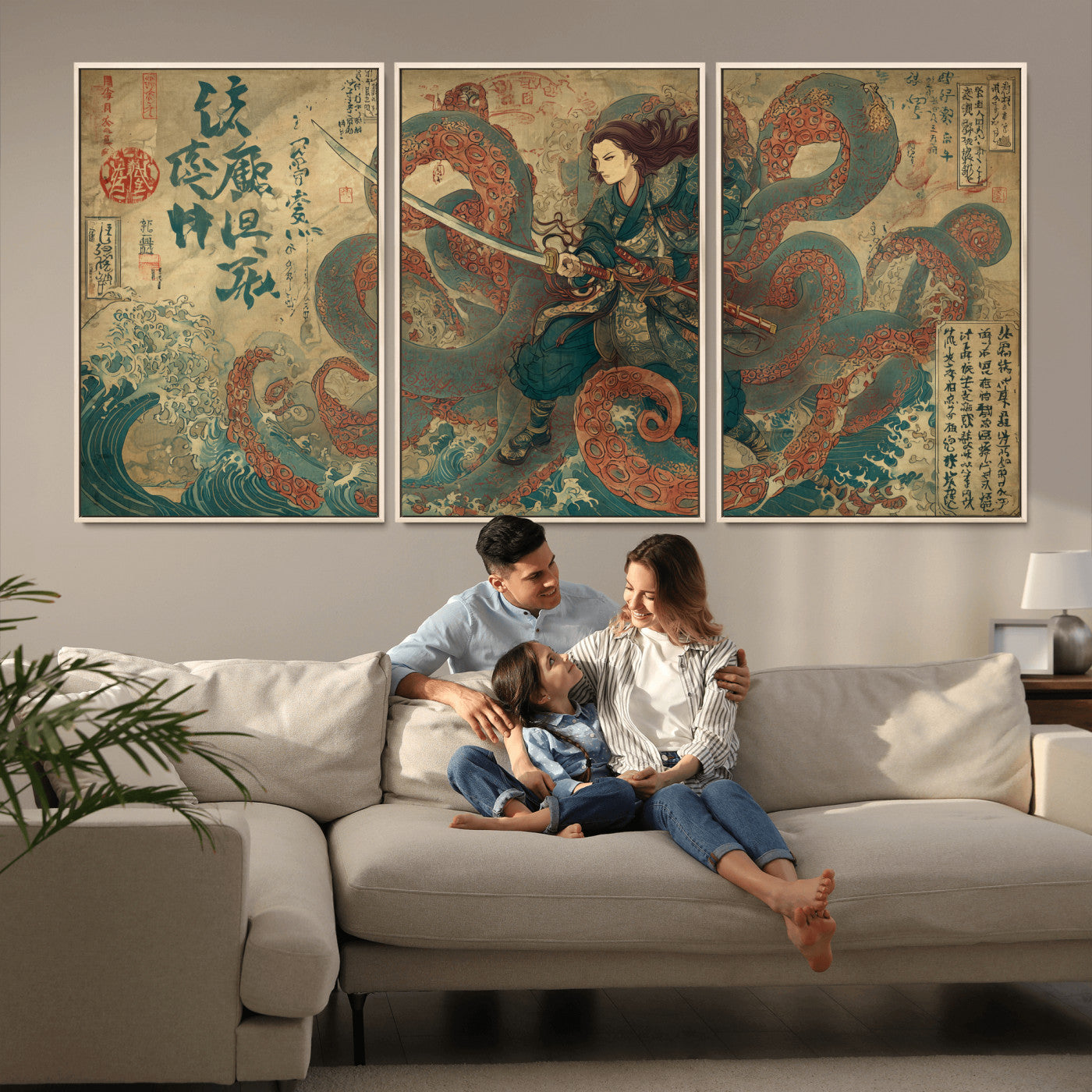 Tsukioka Yoshitoshi Samurai Wall Art Print, Japanese Katana Warrior Canvas Wall Art, Octopus Sea Monster Canvas Print,