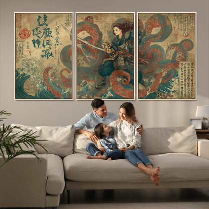 Tsukioka Yoshitoshi Samurai Wall Art Print, Japanese Katana Warrior Canvas Wall Art, Octopus Sea Monster Canvas Print,