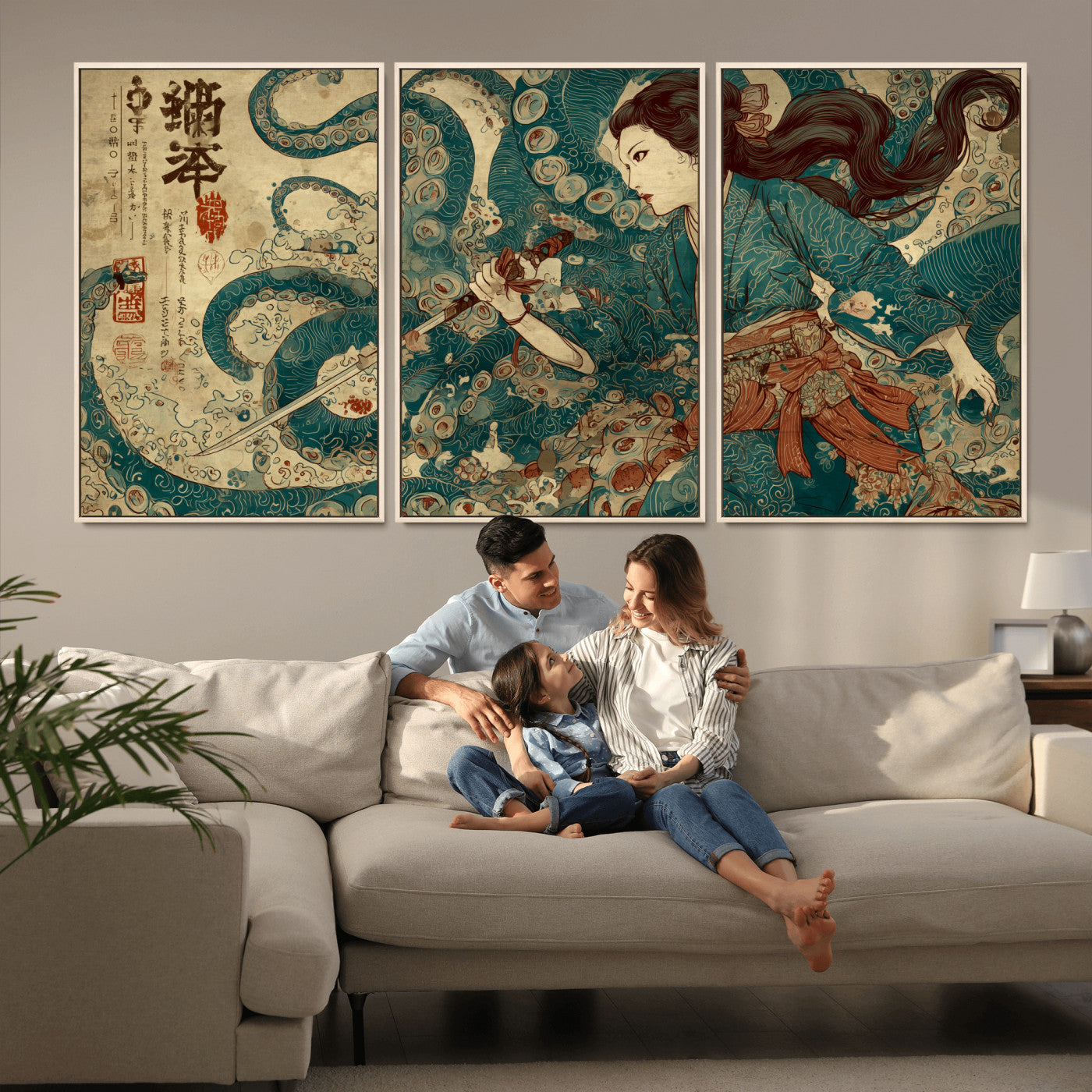 Tsukioka Yoshitoshi Samurai Wall Art Print, Japanese Katana Warrior Canvas Wall Art, Octopus Sea Monster Canvas Print,