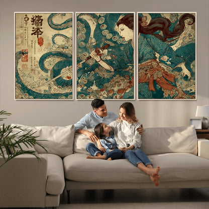 Tsukioka Yoshitoshi Samurai Wall Art Print, Japanese Katana Warrior Canvas Wall Art, Octopus Sea Monster Canvas Print,