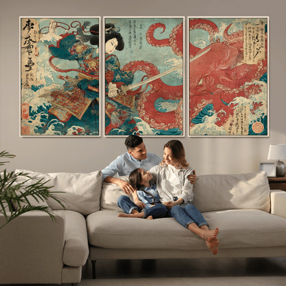 Tsukioka Yoshitoshi Samurai Wall Art Print, Japanese Katana Warrior Canvas Wall Art, Octopus Sea Monster Canvas Print,