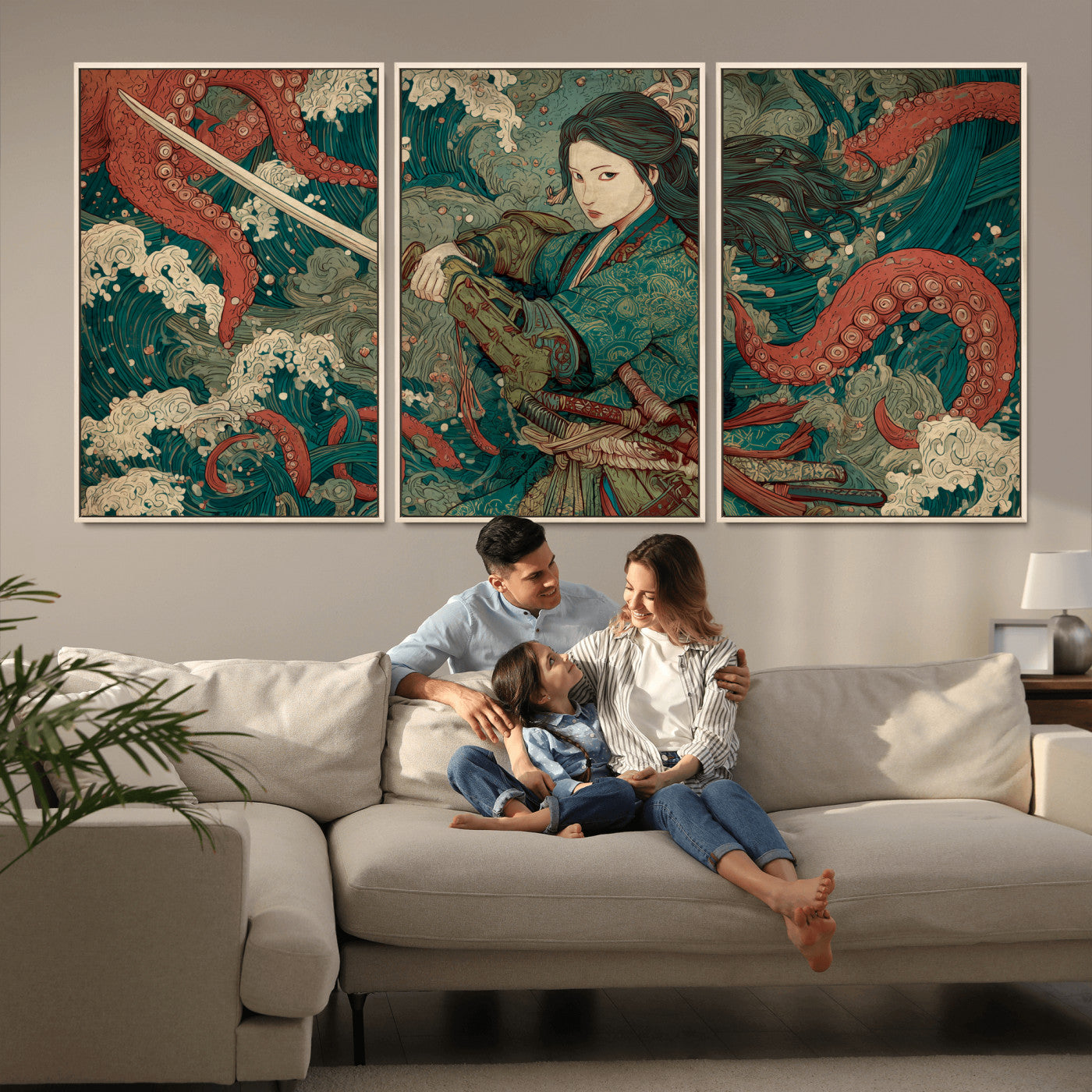 Tsukioka Yoshitoshi Samurai Wall Art Print, Japanese Katana Warrior Canvas Wall Art, Octopus Sea Monster Canvas Print,