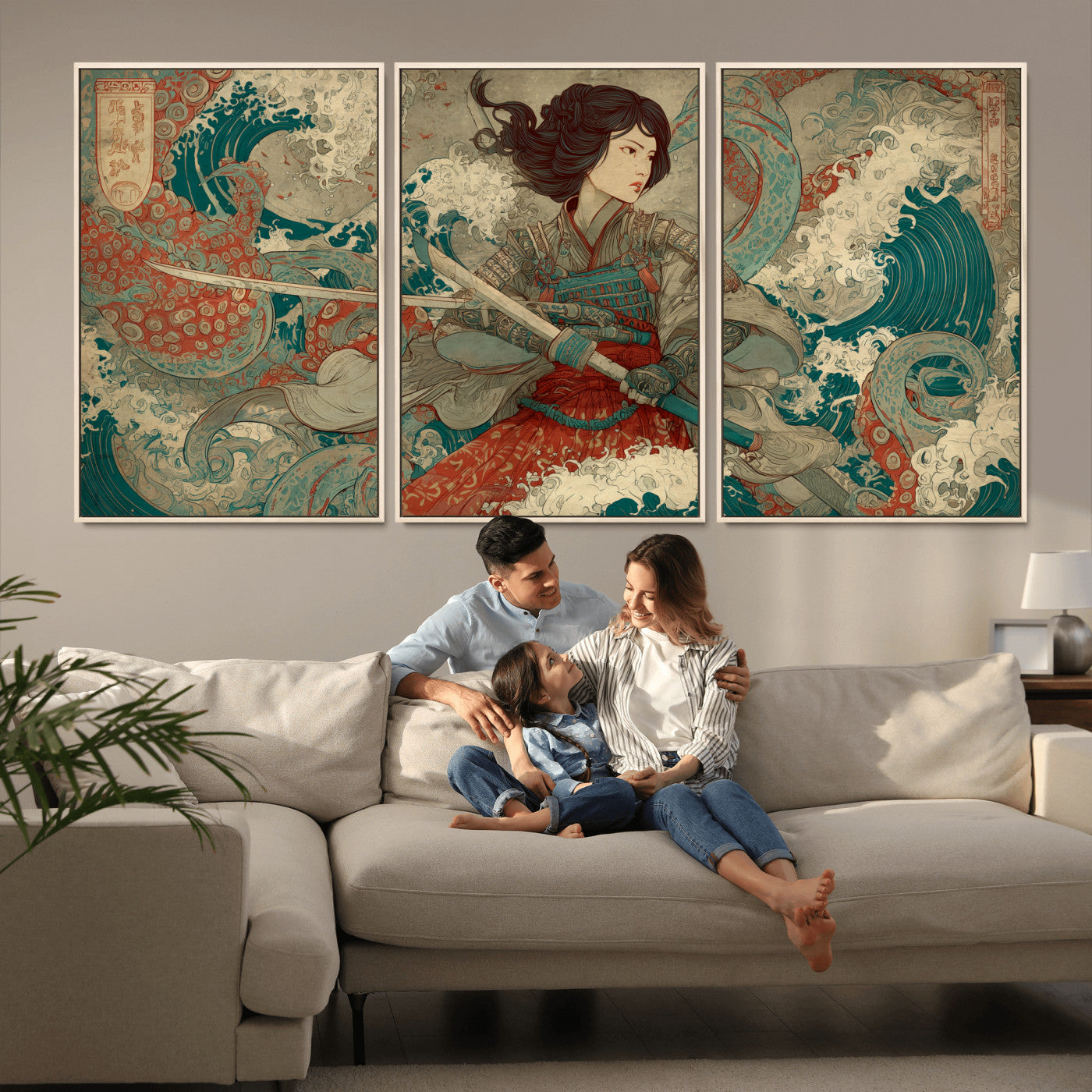 Tsukioka Yoshitoshi Samurai Wall Art Print, Japanese Katana Warrior Canvas Wall Art, Octopus Sea Monster Canvas Print,