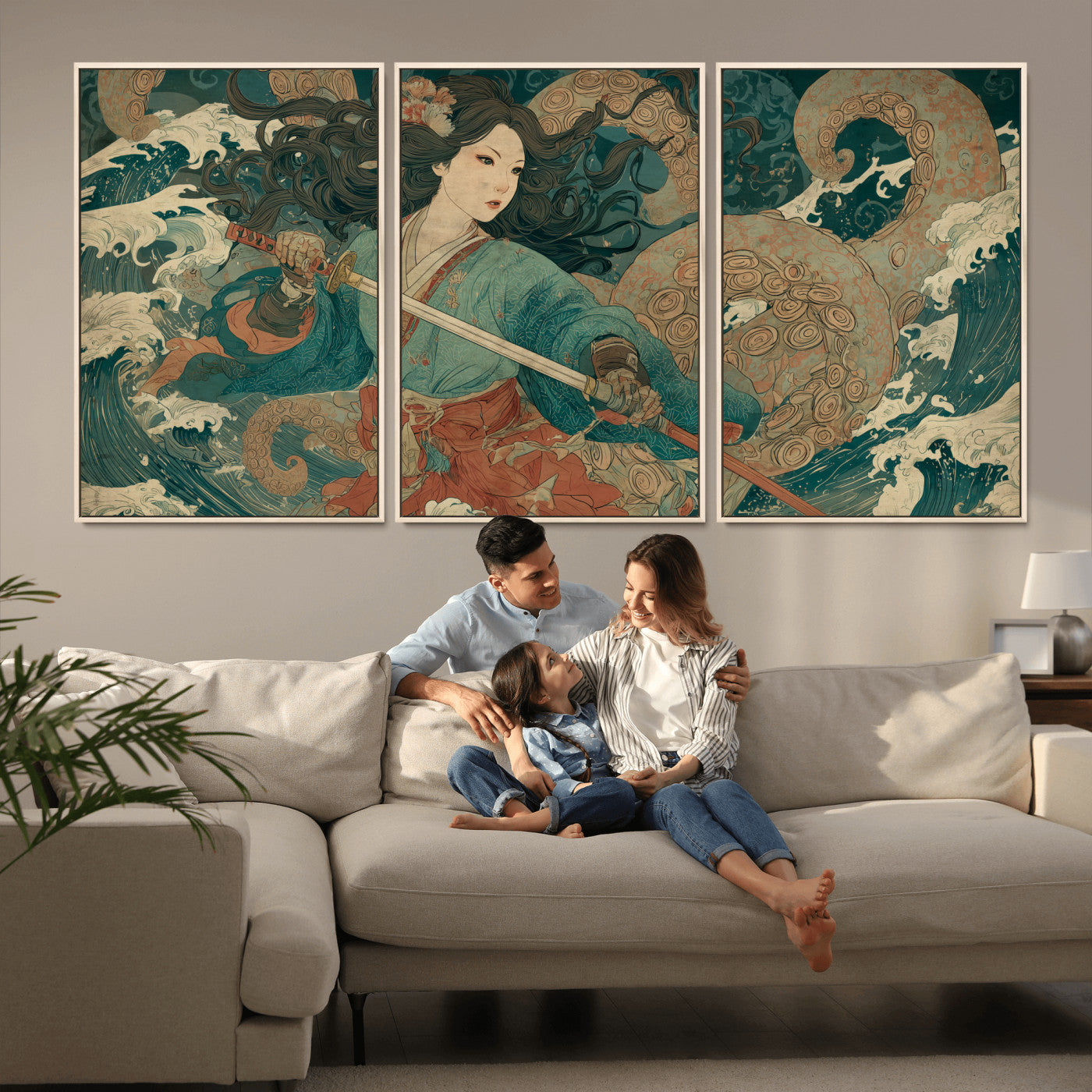 Tsukioka Yoshitoshi Samurai Wall Art Print, Japanese Katana Warrior Canvas Wall Art, Octopus Sea Monster Canvas Print,