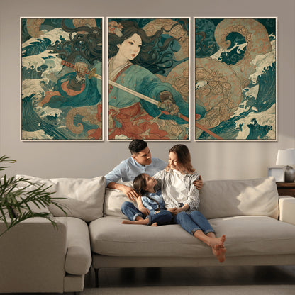 Tsukioka Yoshitoshi Samurai Wall Art Print, Japanese Katana Warrior Canvas Wall Art, Octopus Sea Monster Canvas Print,