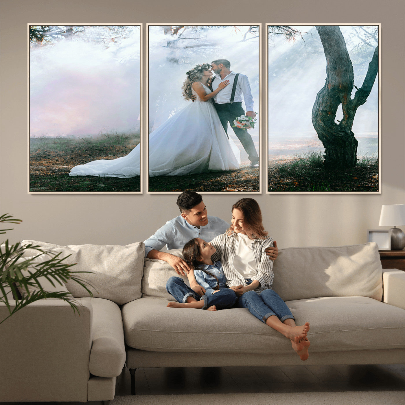 MGV-FC-60X30-3P - Forest Wedding Wall Art – Romantic Bride and Groom Canvas Print, Enchanted Woodland Photography Decor for Bedroom, Living Room, or Wedding Gift