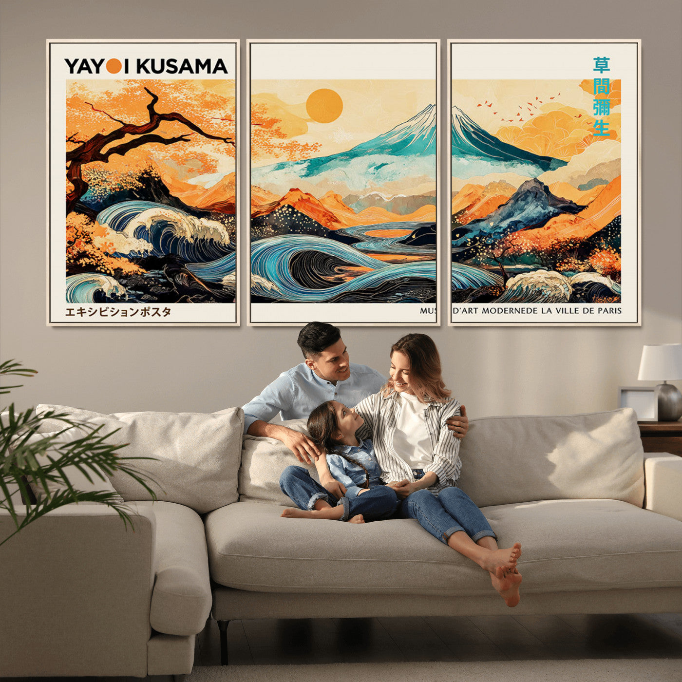 Modern Japanese-style art print featuring a stylized Mount Fuji, flowing waves, and vibrant landscapes in bold colors, inspired by traditional and contemporary aesthetics.