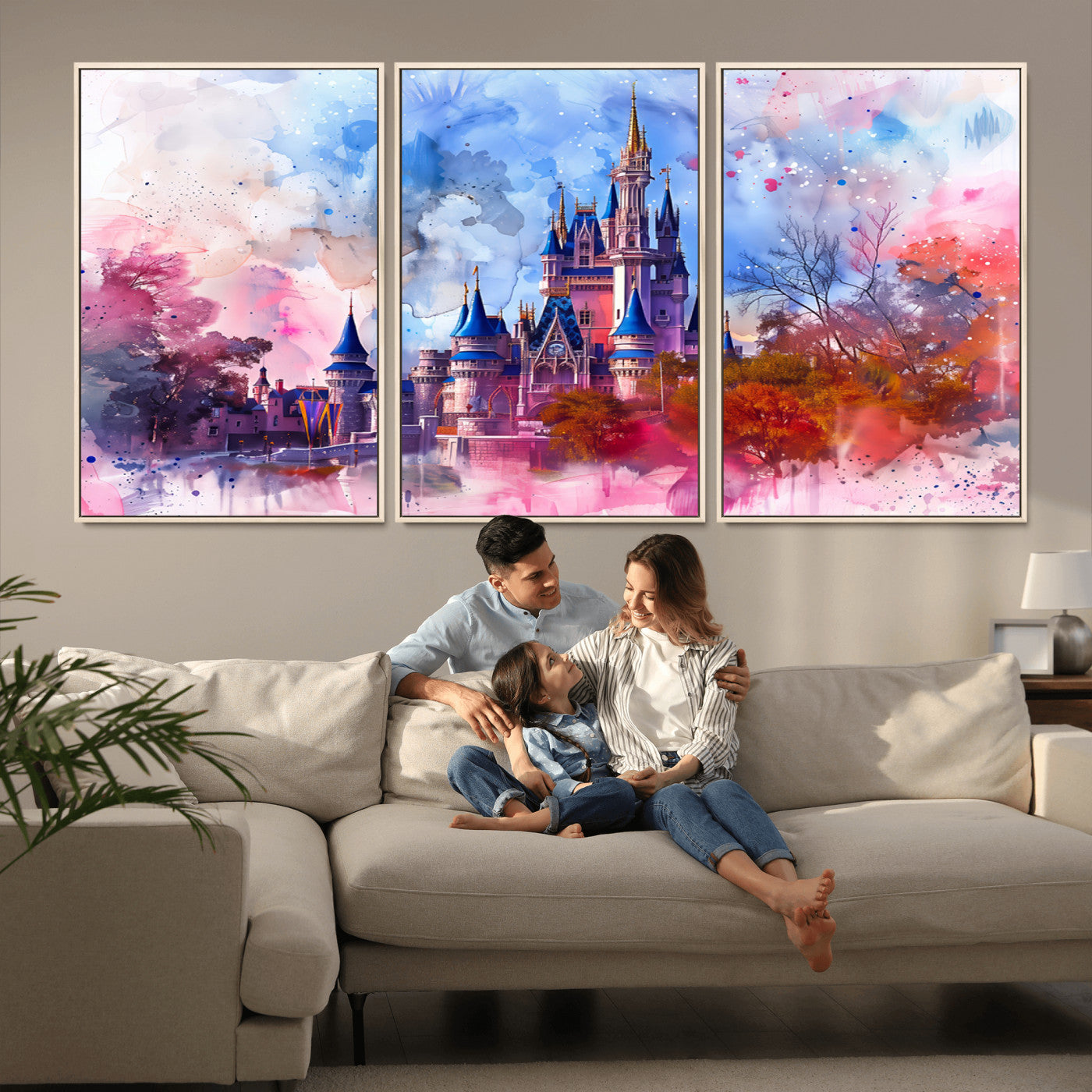 Watercolor canvas of a dreamy Disney-style castle in pastel pink and blue tones, perfect for fairytale or whimsical home decor.