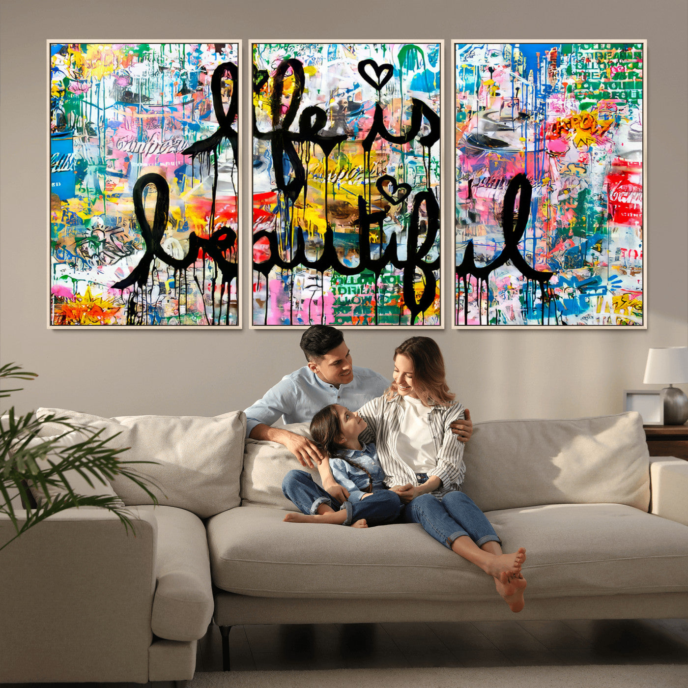 Colorful urban-style canvas with graffiti text “Life is Beautiful” in black paint, ideal for bold or street-themed home decor.