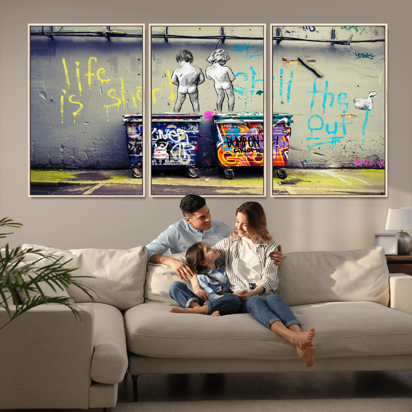 Graffiti-style canvas art with bold text and two naked figures over urban dumpsters, ideal for edgy or street-style decor.