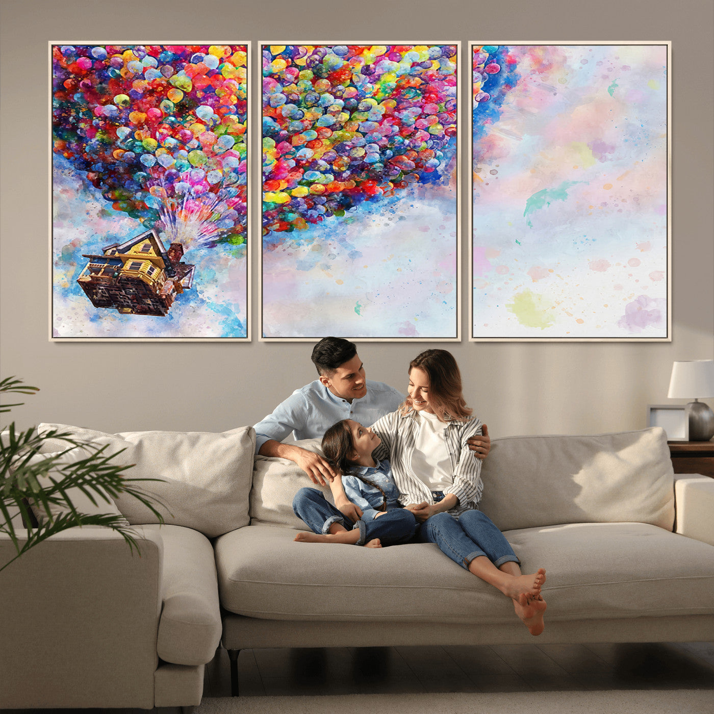 Whimsical canvas of the house from the movie Up flying with colorful balloons, ideal for Pixar or animation-themed decor.