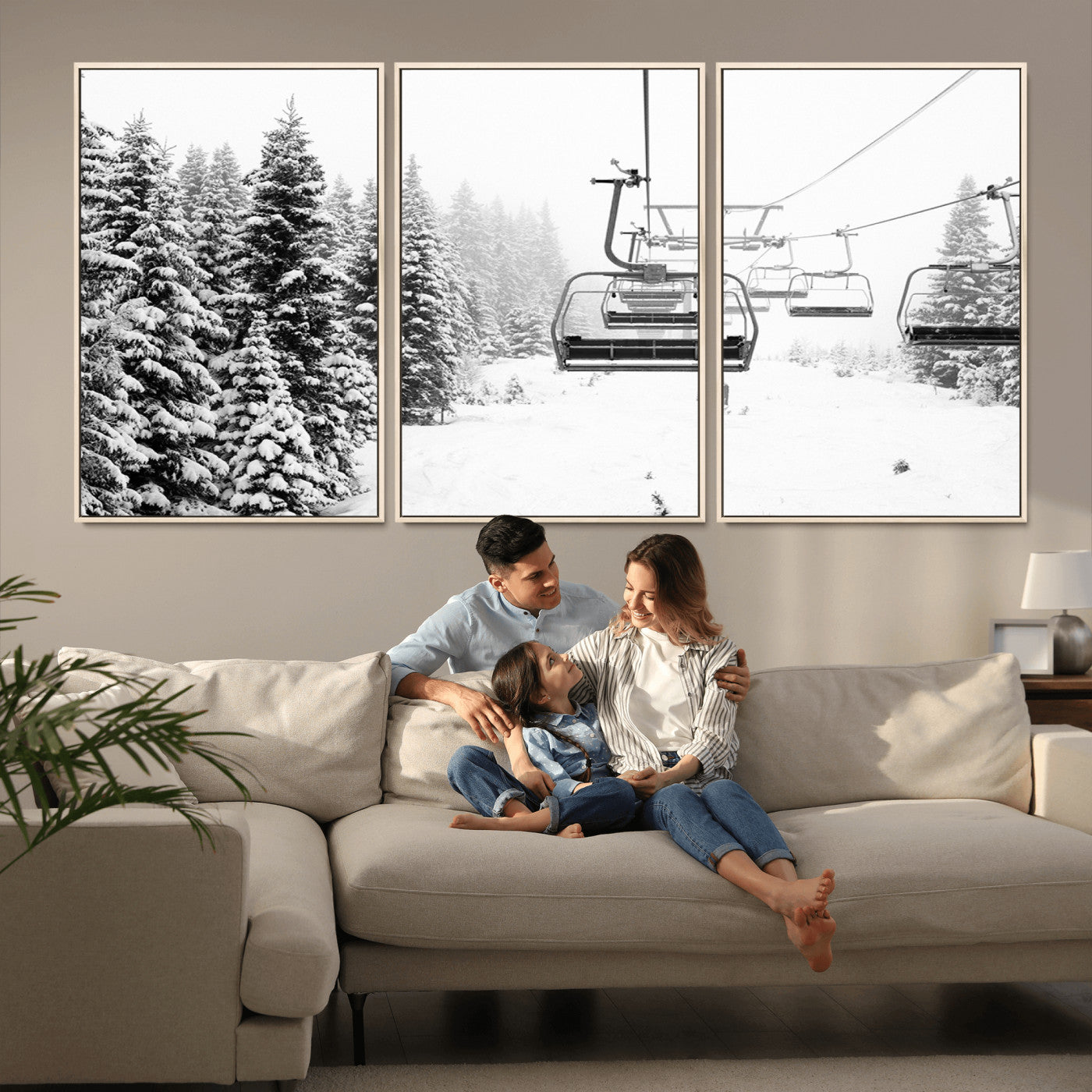 Black and white canvas of empty ski lifts over a snowy pine forest, perfect for minimal winter or ski lodge-inspired decor.