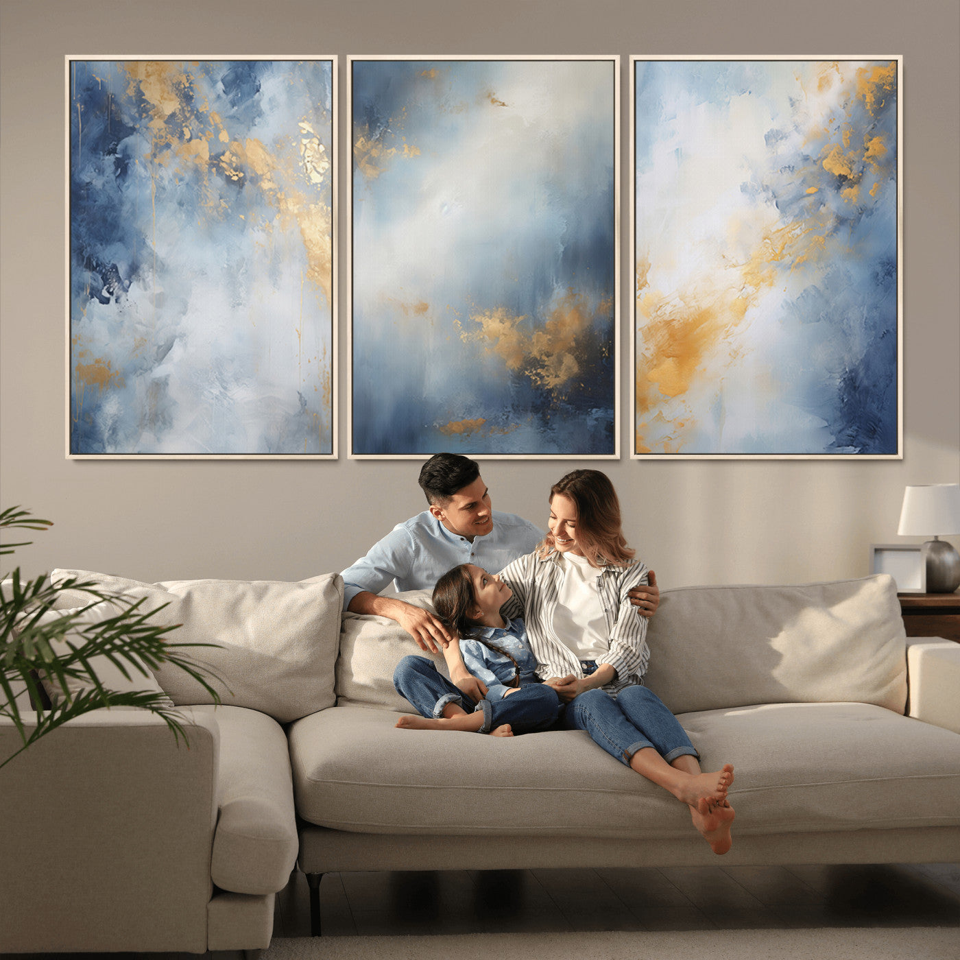 Abstract canvas art in soft blue and gold tones with textured brushstrokes, ideal for elegant or modern neutral decor spaces.