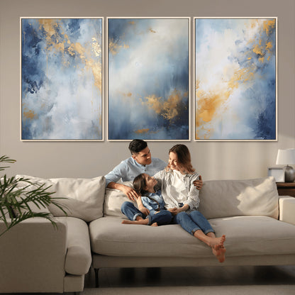 Abstract canvas art in soft blue and gold tones with textured brushstrokes, ideal for elegant or modern neutral decor spaces.