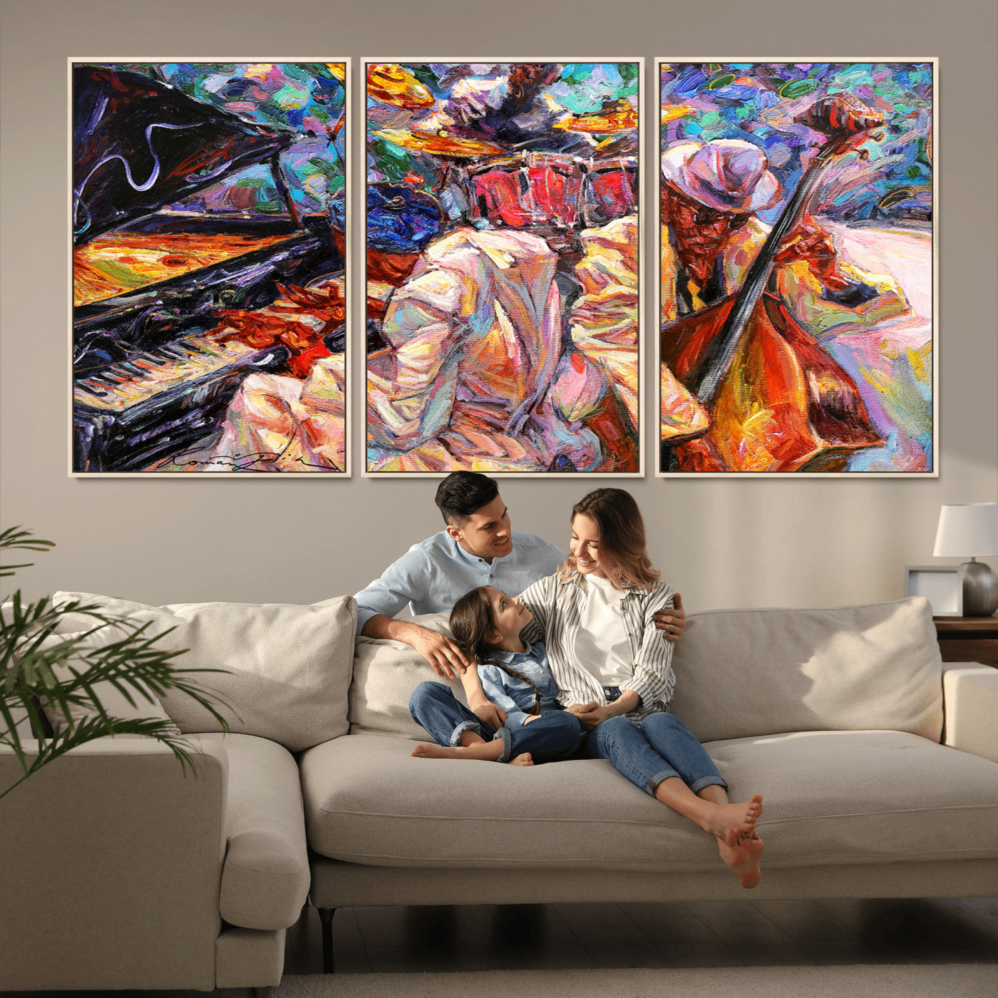 Vibrant oil painting of a jazz band with piano, saxophone, and bass, ideal for colorful and expressive music-themed home decor.