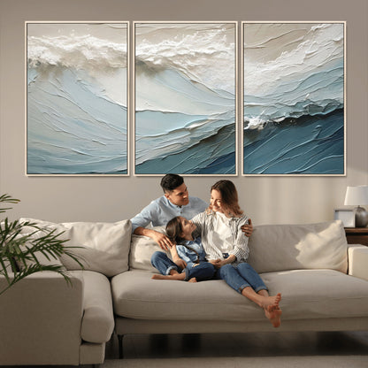 Textured canvas of ocean waves in soft coastal blues and creamy whites, ideal for modern or minimalist coastal-style interiors.