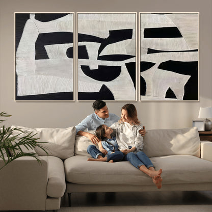 Minimalist black and white canvas featuring bold abstract textures and geometric shapes, ideal for modern neutral decor.