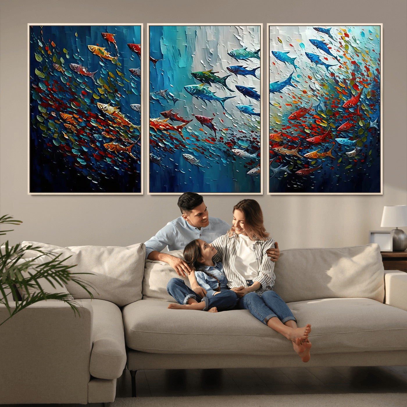 Colorful painting of fish swimming in abstract ocean swirls, perfect for vibrant marine-themed or expressive coastal home decor.