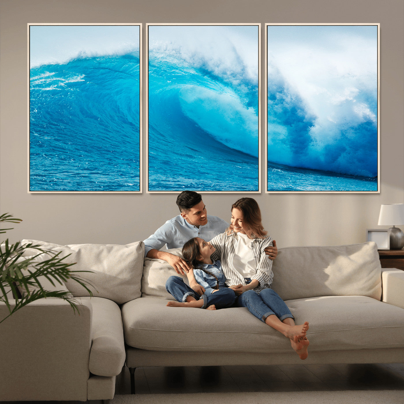 Vibrant canvas of a powerful curling ocean wave in tropical blue tones, perfect for coastal or surf-inspired decor settings.