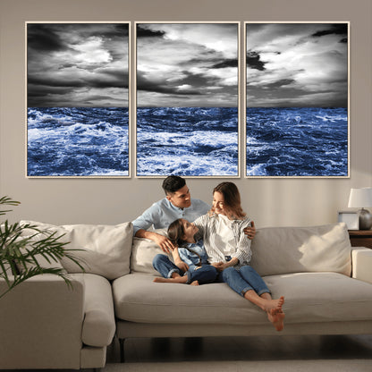 Moody canvas wall art of a stormy ocean under a dramatic black-and-white sky, perfect for bold or coastal-style interiors.