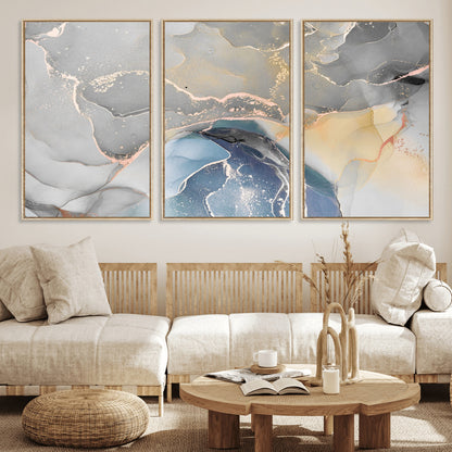 -Abstract Fluid Art Wall Decor – Blue, Gray & Gold Canvas Print, Modern Home and Office Wall Art Decor for Living Room, Bedroom or Workspace