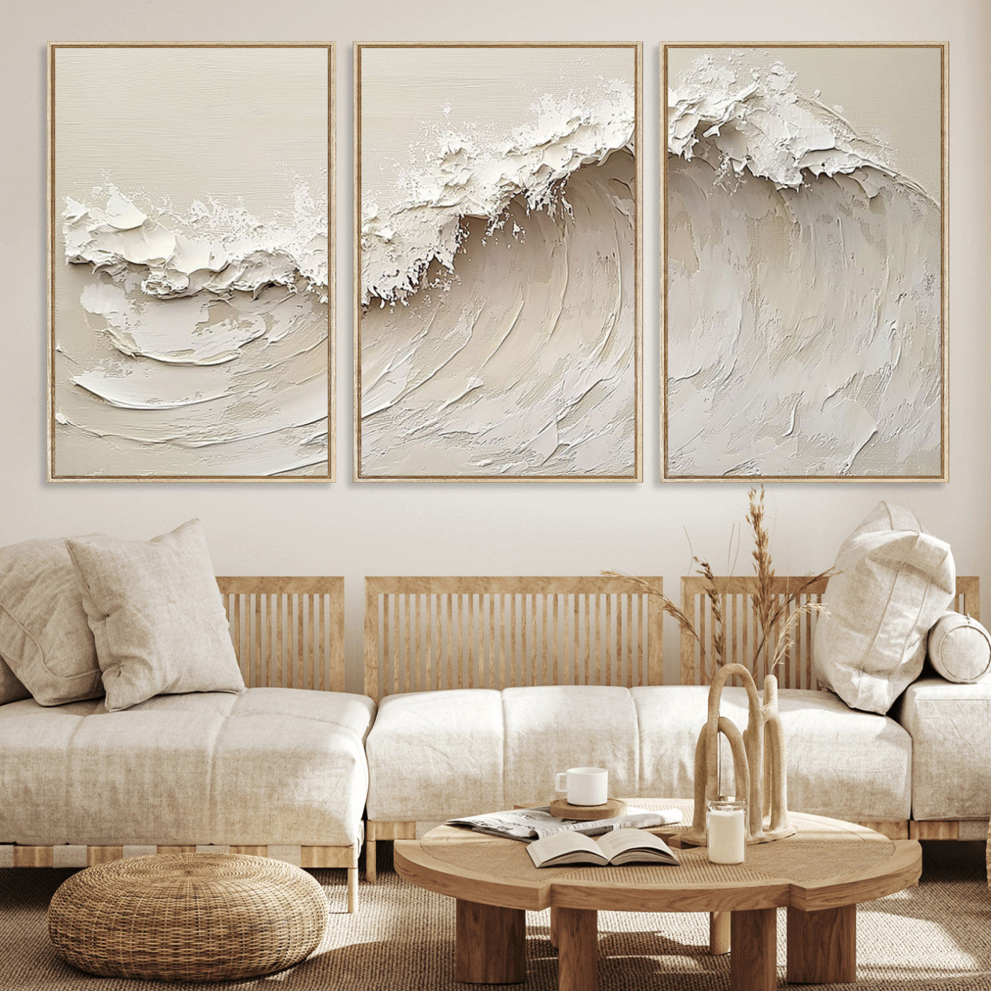 Textured canvas of an abstract white ocean wave in neutral tones, ideal for modern coastal or minimalist home decor.