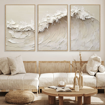 Textured canvas of an abstract white ocean wave in neutral tones, ideal for modern coastal or minimalist home decor.