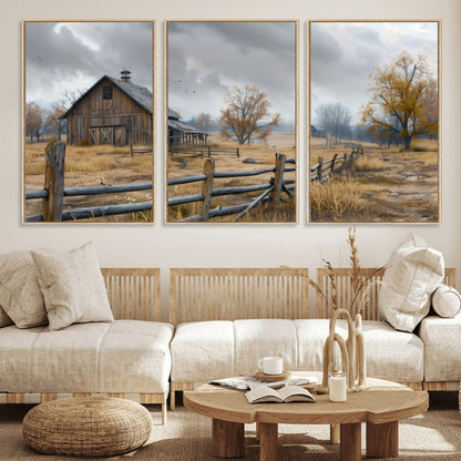 A tranquil rural scene featuring a rustic barn, overcast skies, and golden fields with scattered trees, evoking a sense of peaceful solitude in nature.