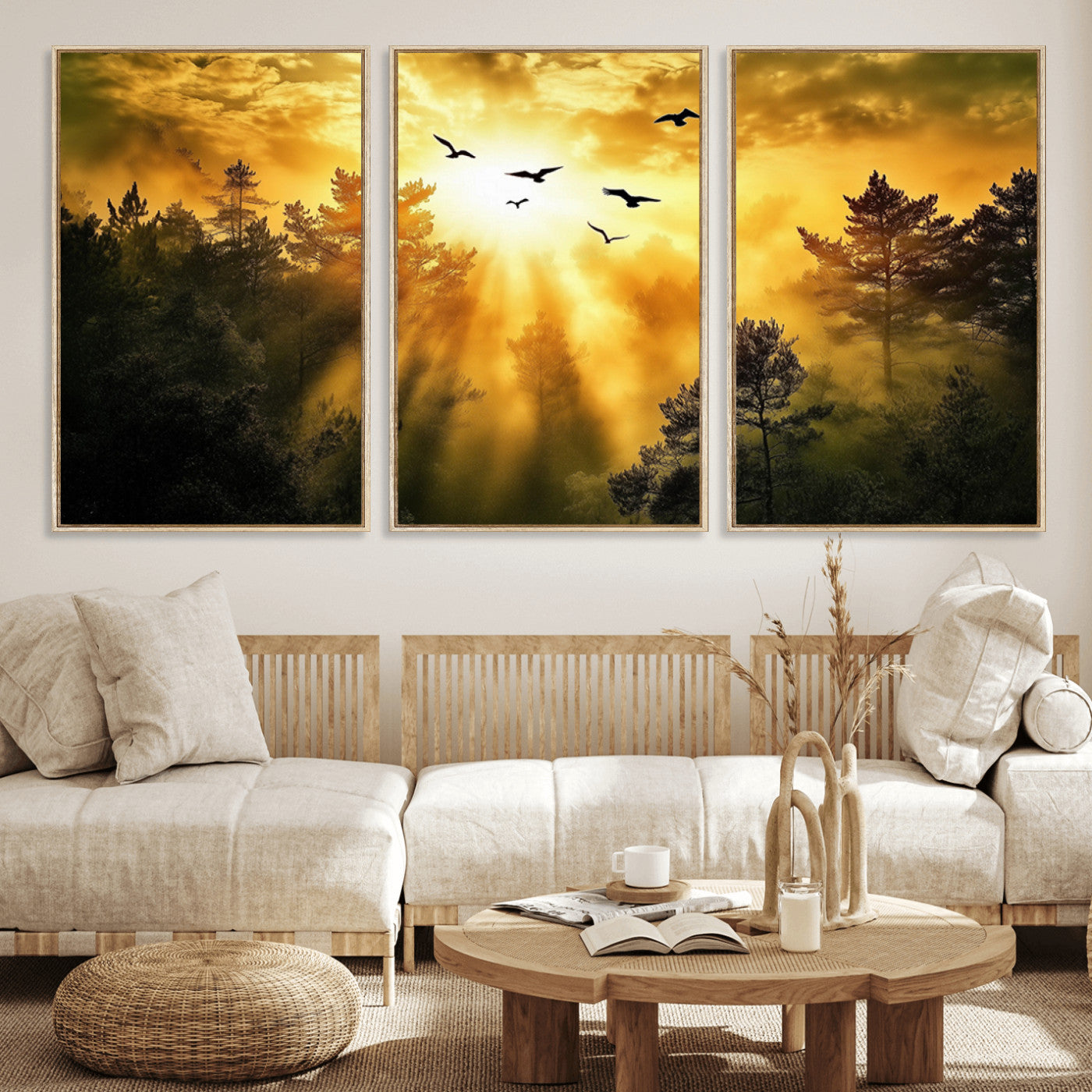 Canvas of a golden forest at sunset with birds flying through glowing sunbeams and silhouetted pine trees, ideal for warm-toned rustic decor.