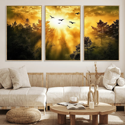 Canvas of a golden forest at sunset with birds flying through glowing sunbeams and silhouetted pine trees, ideal for warm-toned rustic decor.