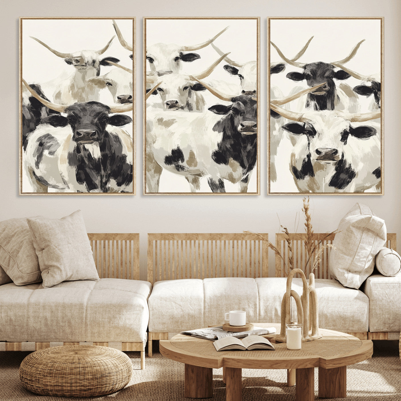 Canvas of a Texas Longhorn cattle herd in neutral black and white tones, ideal for rustic farmhouse or western-themed decor.