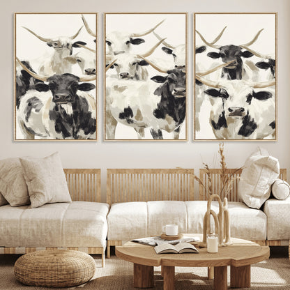Canvas of a Texas Longhorn cattle herd in neutral black and white tones, ideal for rustic farmhouse or western-themed decor.