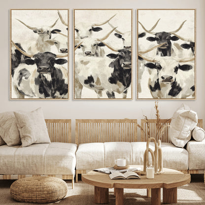 Canvas of a Texas Longhorn cattle herd in neutral black and white tones, ideal for rustic farmhouse or western-themed decor.