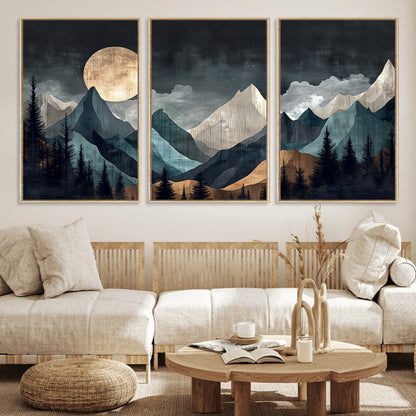 Stylized canvas of layered mountains under a full moon in neutral moody tones, ideal for nature-inspired or modern rustic interiors.