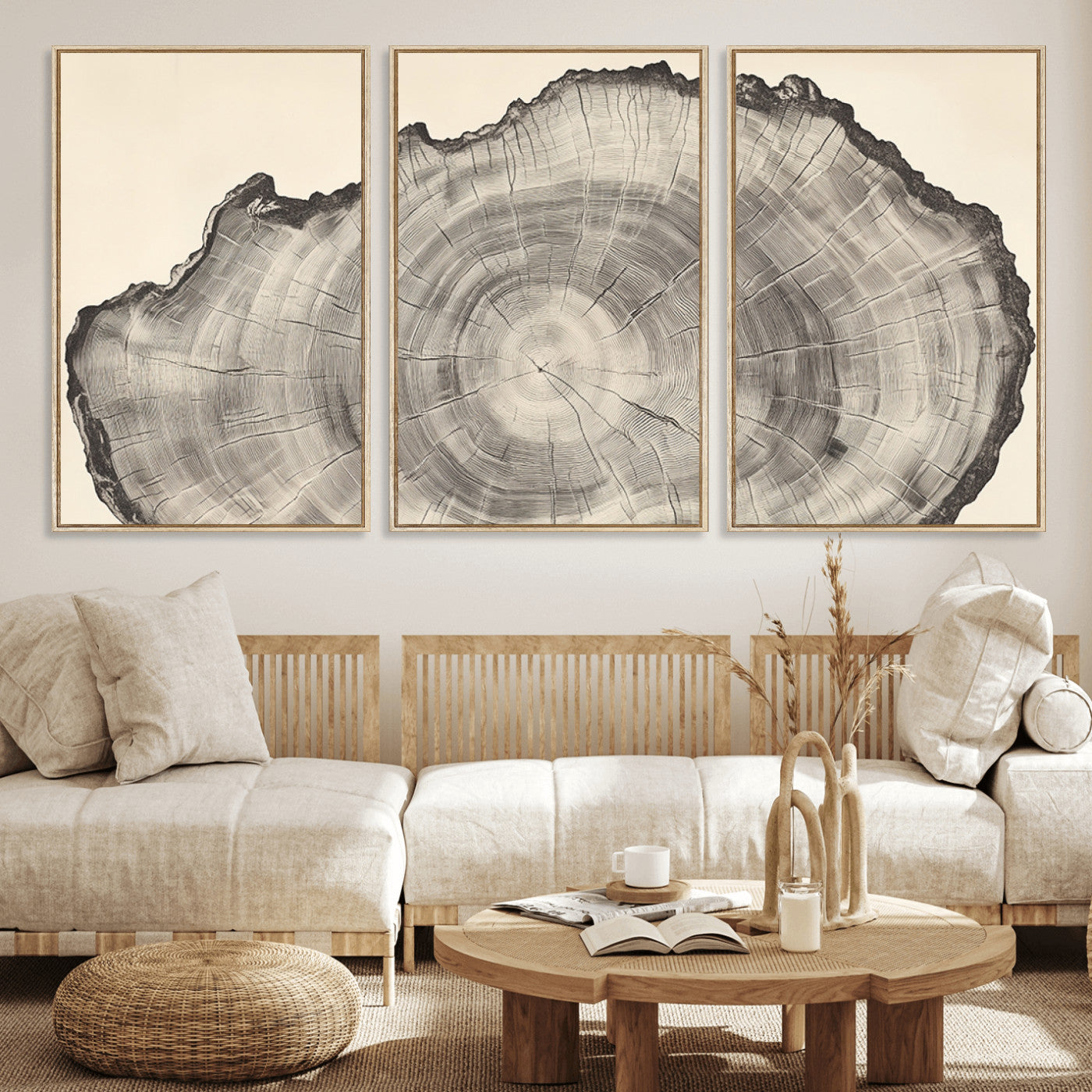 Detailed tree ring drawing in monochrome tones, ideal for rustic or nature-inspired interiors with a minimal decor aesthetic.