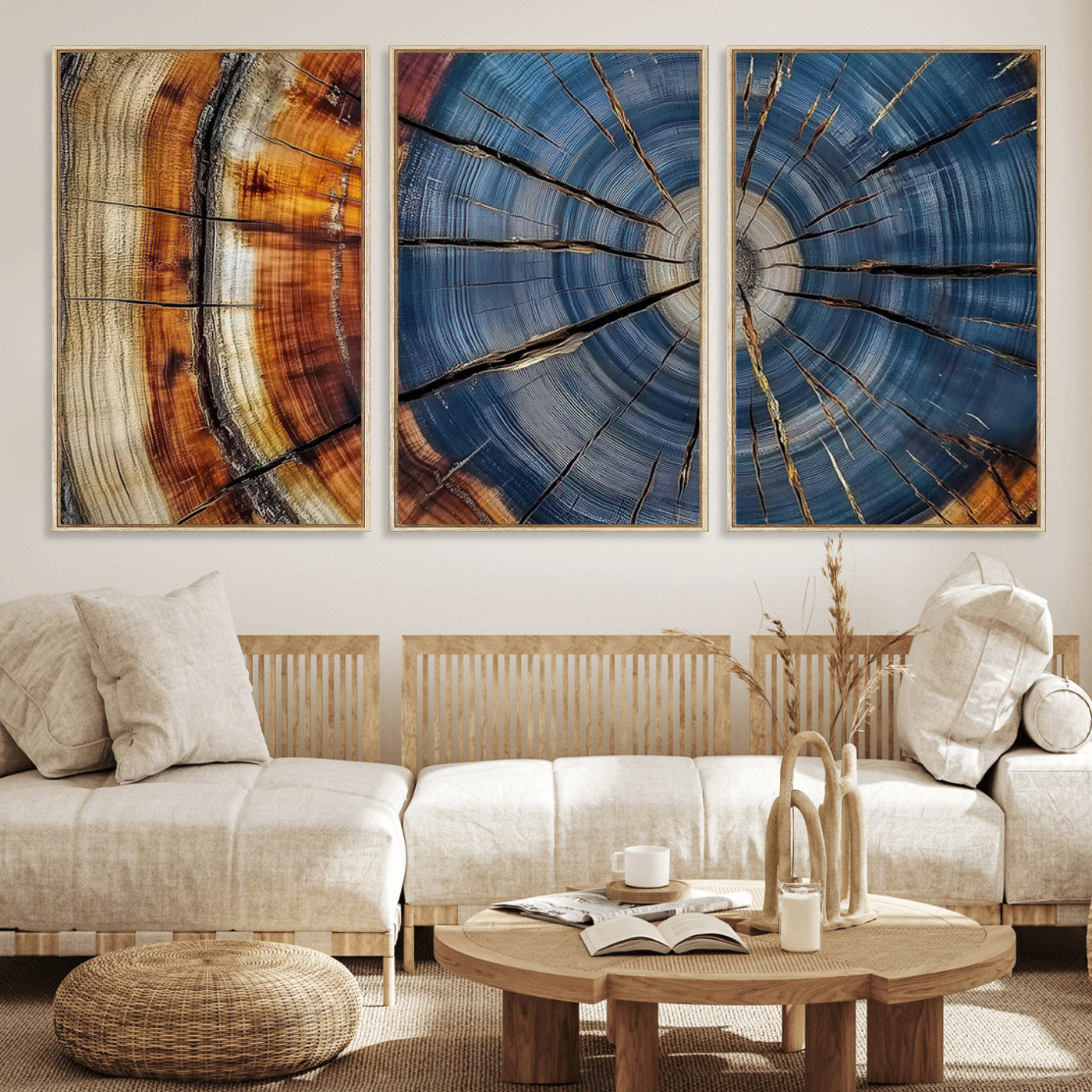 A stunning close-up view of a tree trunk, showcasing the intricate growth rings in a vibrant mix of warm browns, cool blues, and hints of natural texture.